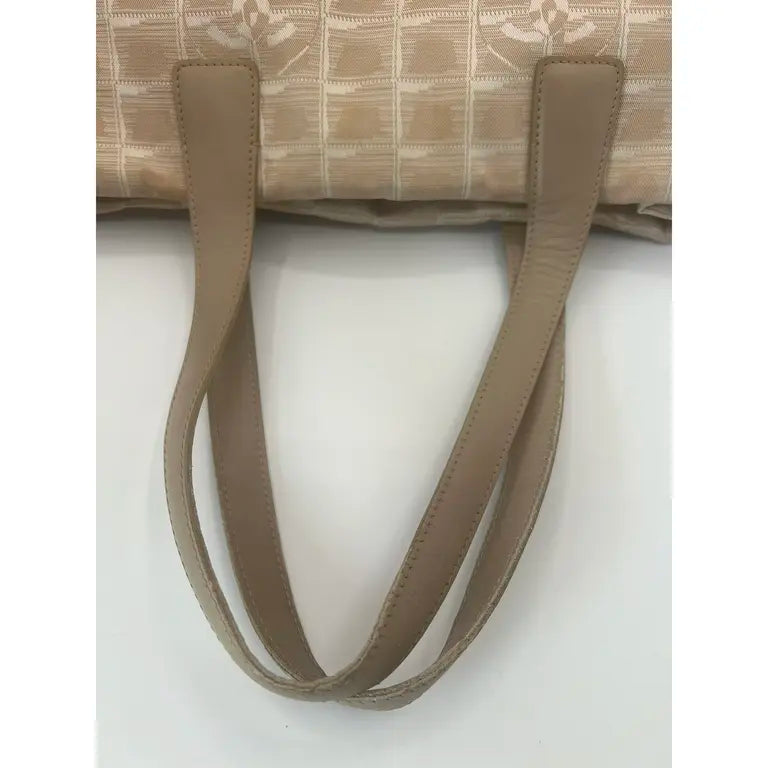 Authentic Chanel Travel Line Beige CC Nylon Leather Tote Bag MM Size