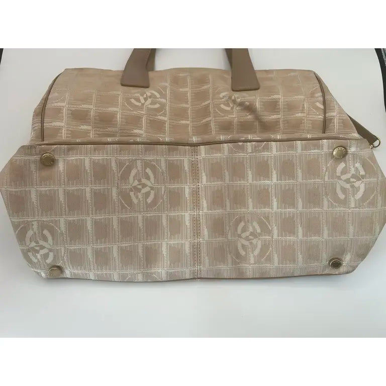 Authentic Chanel Travel Line Beige CC Nylon Leather Tote Bag MM Size