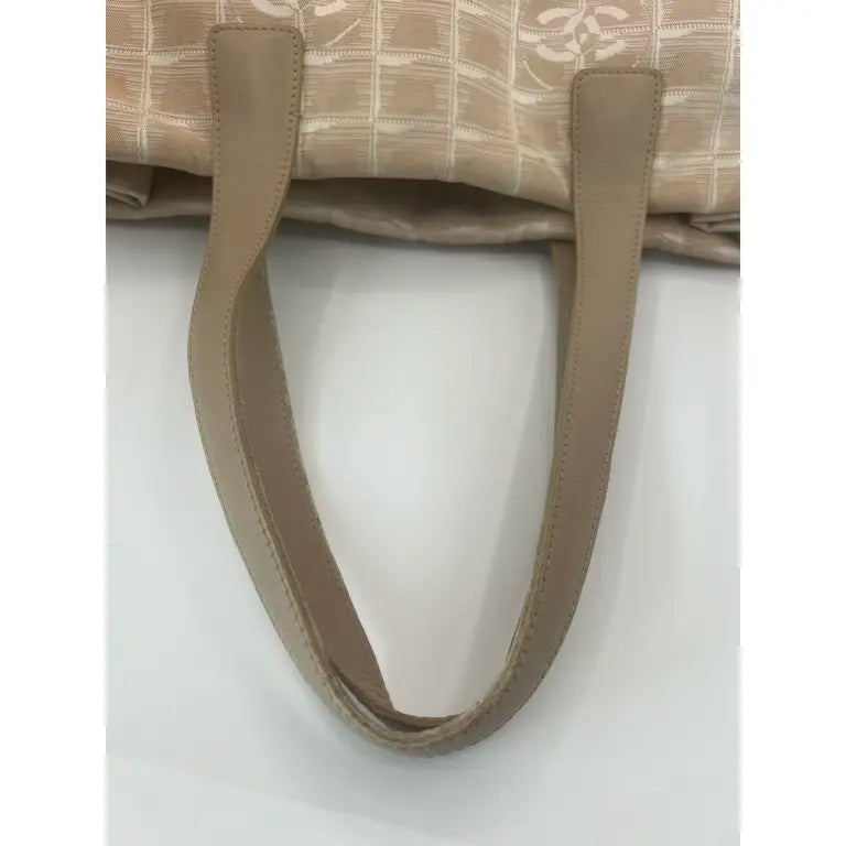 Authentic Chanel Travel Line Beige CC Nylon Leather Tote Bag MM Size