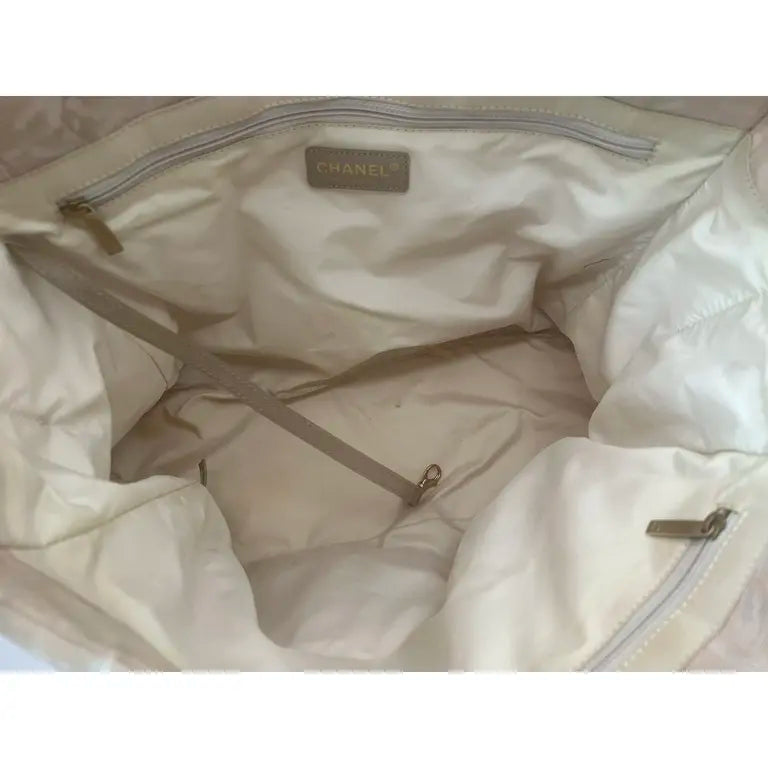 Authentic Chanel Travel Line Beige CC Nylon Leather Tote Bag MM Size