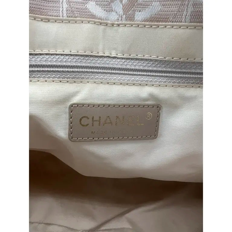 Authentic Chanel Travel Line Beige CC Nylon Leather Tote Bag MM Size
