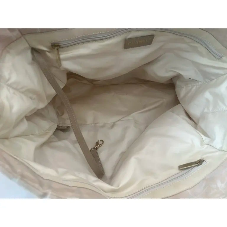 Authentic Chanel Travel Line Beige CC Nylon Leather Tote Bag MM Size