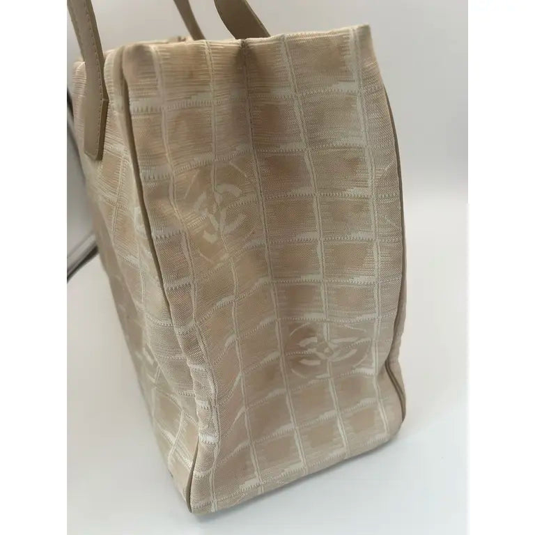 Authentic Chanel Travel Line Beige CC Nylon Leather Tote Bag MM Size