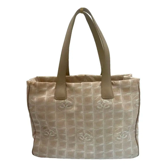 Authentic Chanel  Travel Line Beige CC Nylon Leather Tote Bag MM Size