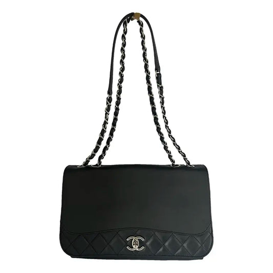Authentic Black Flap Chanel Tramezzo Calfskin Silver 2 Way Shoulder/Crossbody Chain