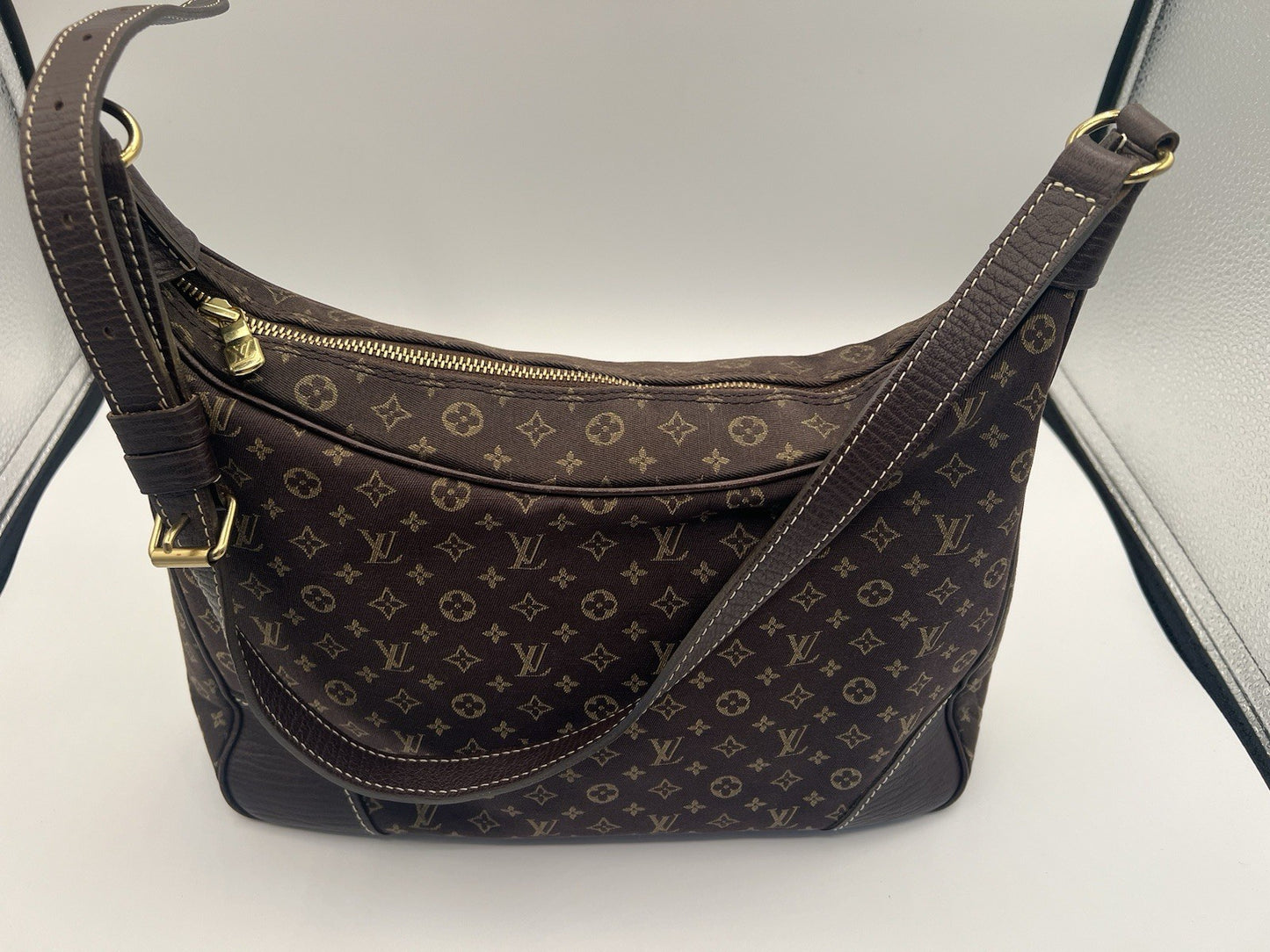 Auth Louis Vuitton Brown Boulogne Monogram Mini Lin Hobo Shoulder Bag