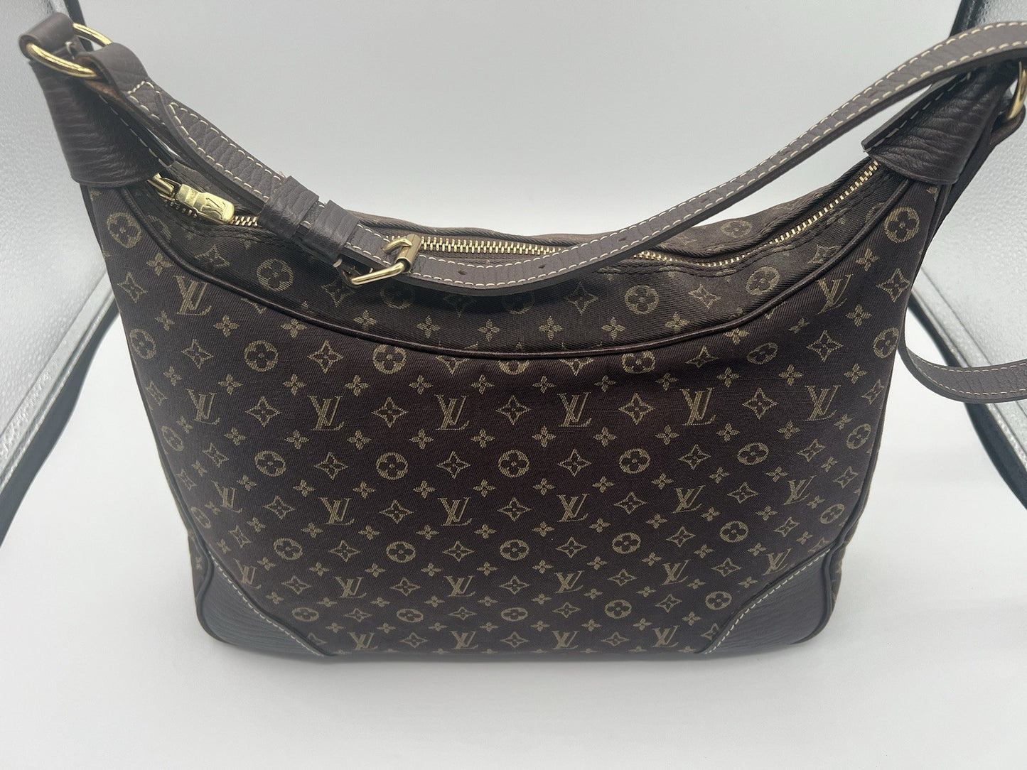 Auth Louis Vuitton Brown Boulogne Monogram Mini Lin Hobo Shoulder Bag